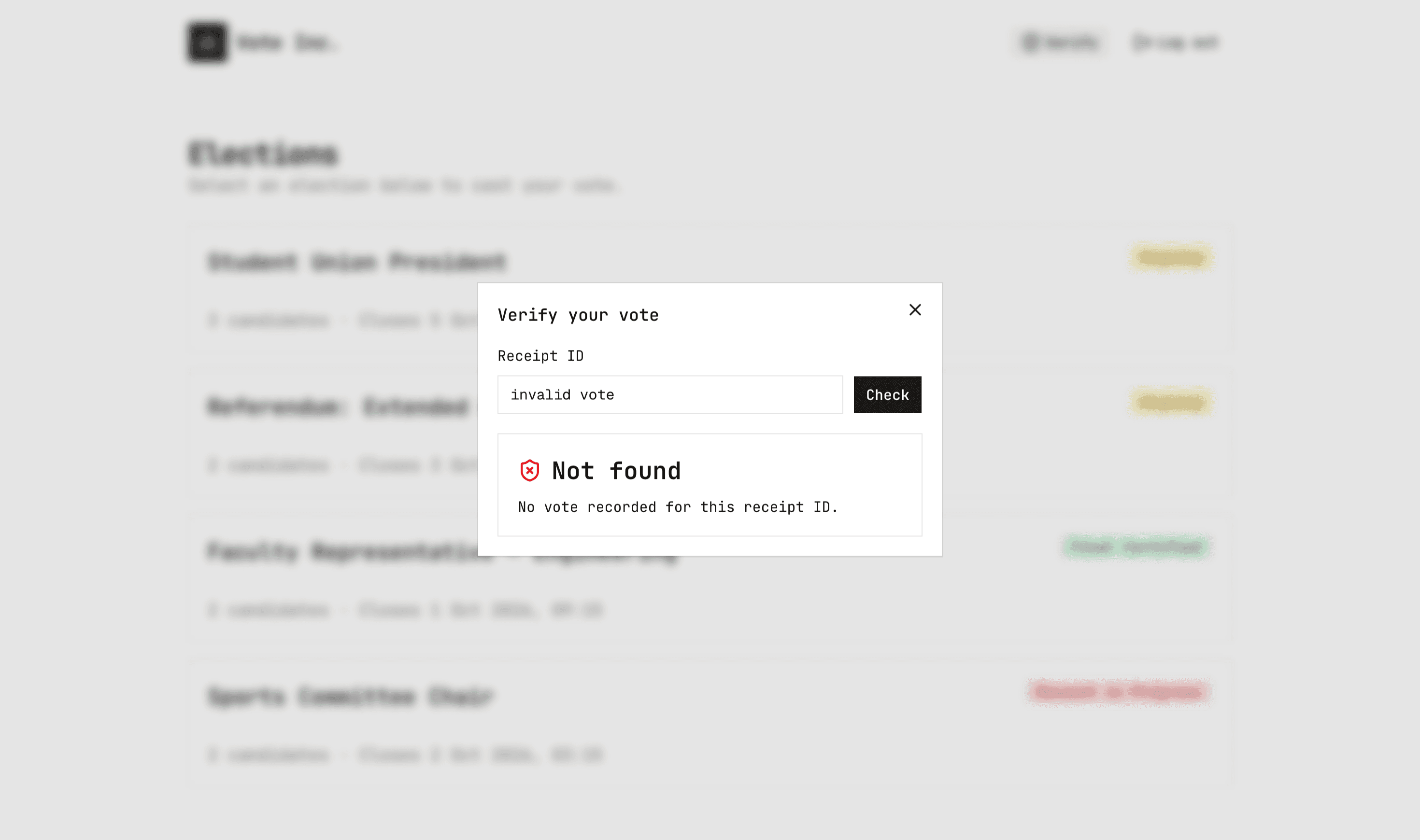 Cloud-Native Distributed Voting Platform Failed Vote Verification Screen