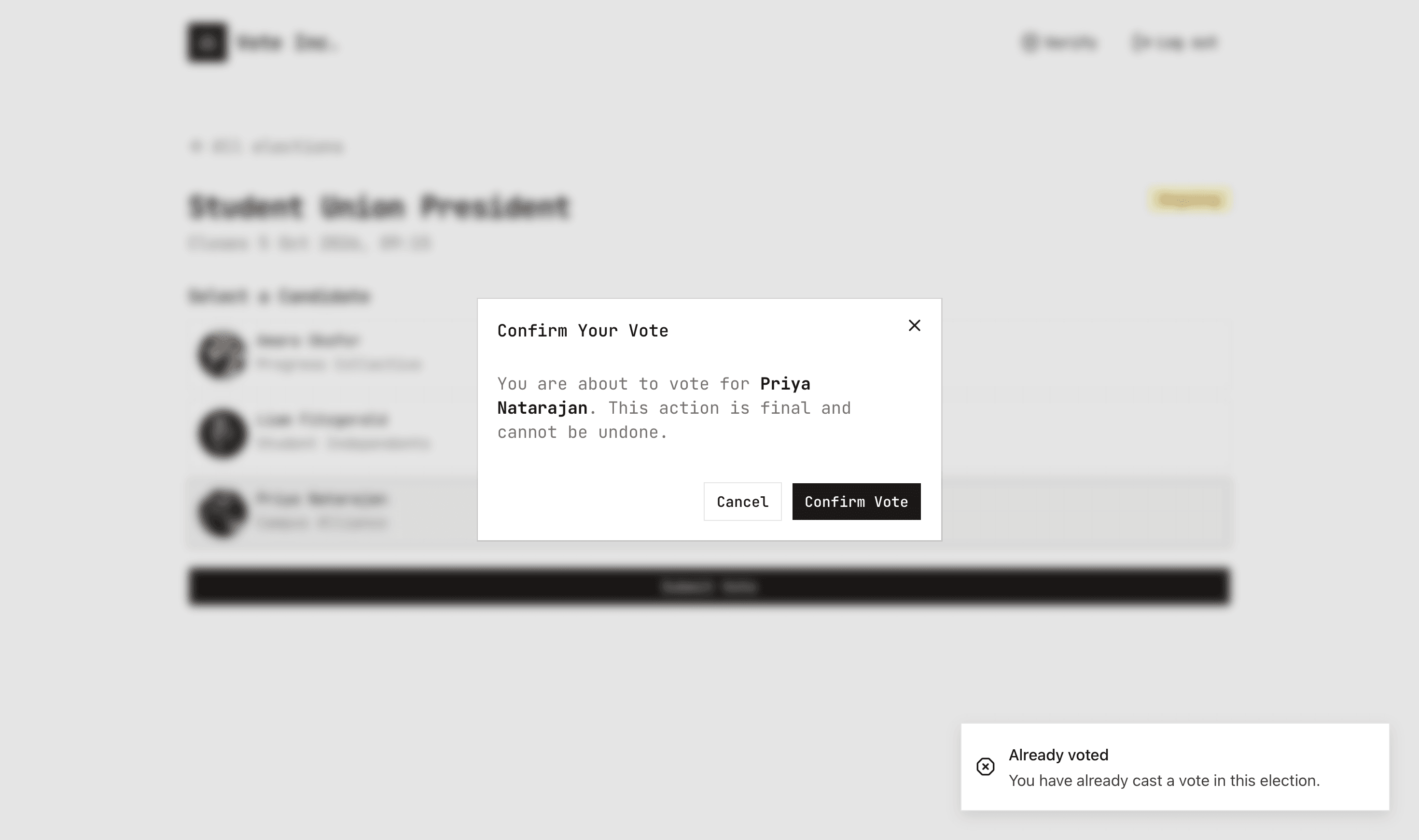 Cloud-Native Distributed Voting Platform Vote Confirmation Screen
